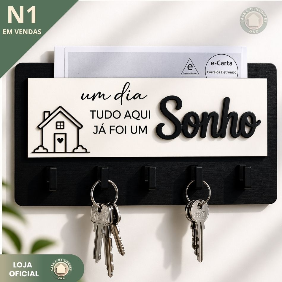 Porta Chaves e Catas Parede MDF Decorativo Organizador Chaveiro Casa Entrada 5 Ganchos