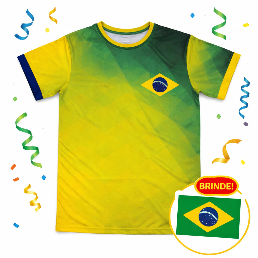 CAMISETA BRASIL VERDE AMARELA Adulto Com Adesivo De BRINDE