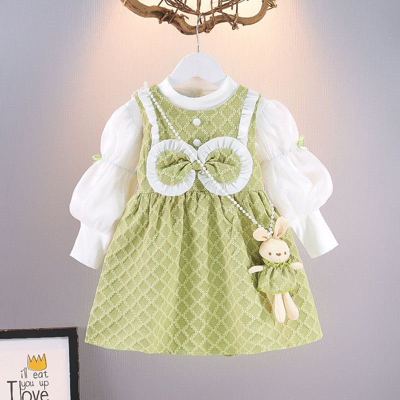 Meninas primavera outono roupas do bebê de manga comprida estilo ocidental vestido moda terno bebê verde vestido de prin