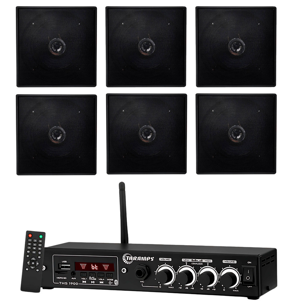 Kit Amplificador THS 1900 60WRms Receiver Taramps + 6 arandelas Leson Preta Som Ambiente Sonorização