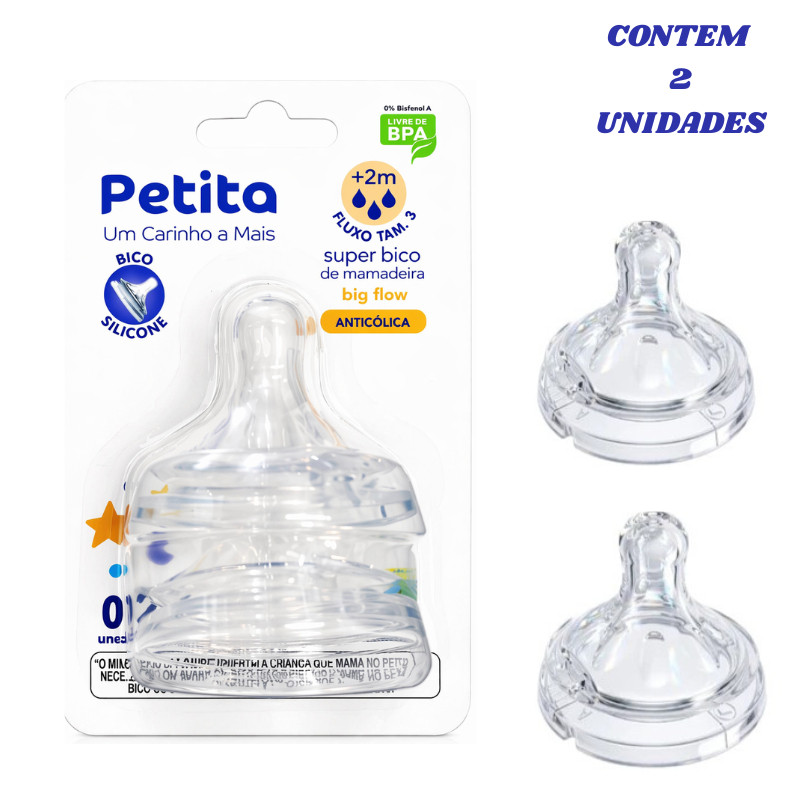 Kit 2 BICOS de mamadeira Petita Big Flow PETALA Silicone Fluxo Rápido Anticólica +2M BPA Free BEBE