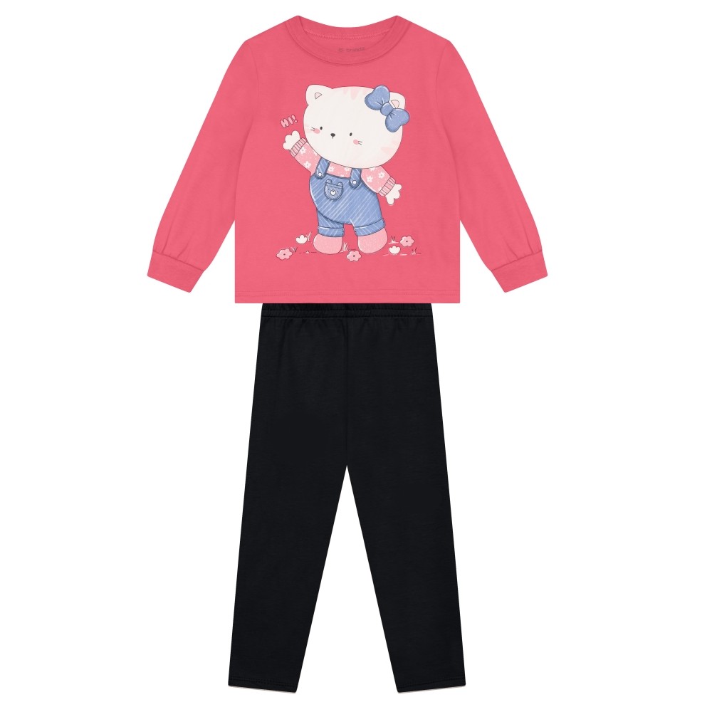 Conjunto Infantil Menina Brandili Inverno com Calça Legging Preta e Moletom Flanelado Gatinha