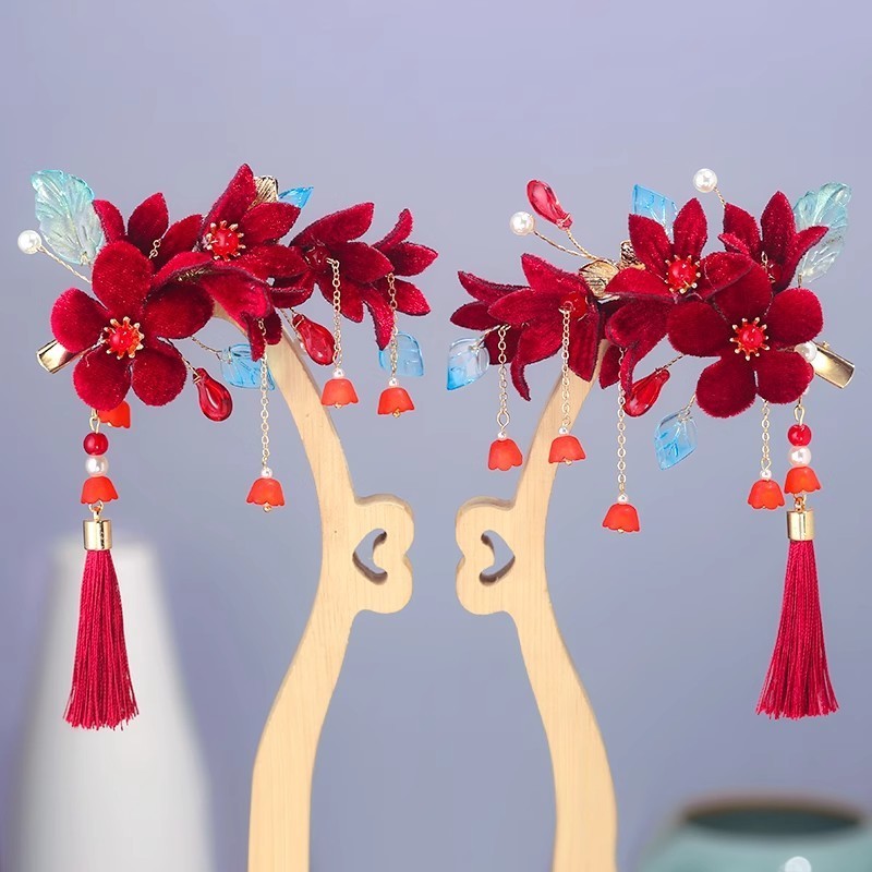 Antigo clipe de renda de veludo vermelho Hanfu cocar de noiva conjunto completo grampo de cabelo pérola passo agitando b
