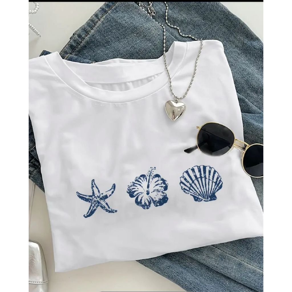 Camiseta Feminina Camisa Casual  Despojada Estilosa Estampada Praia Concha Estrela 100% Algodão
