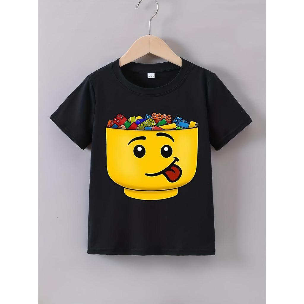 Camiseta Infantil 100% Algodão Estampa Blocos Lego Sorridentes Visual Alegre Tecido Leve Confortável Uso Diário Kids