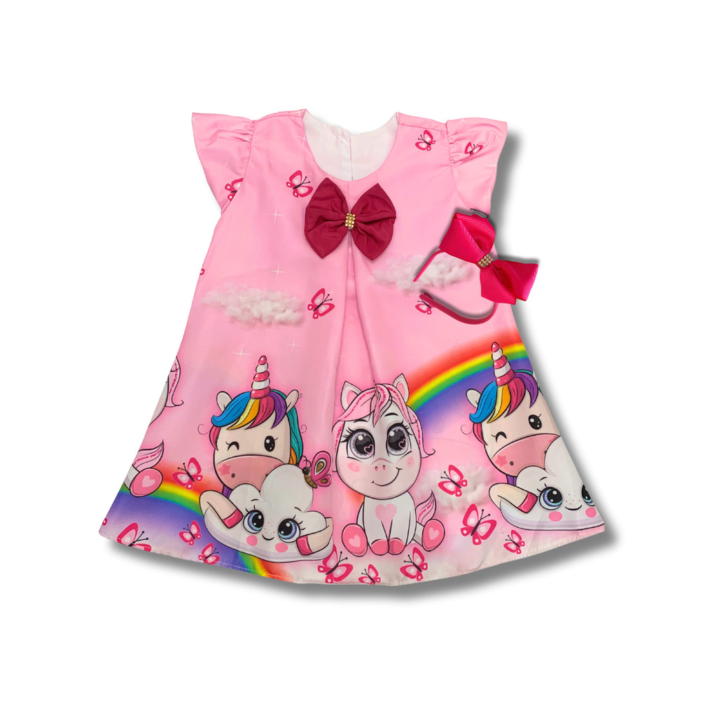 Vestido Trapézio Infantil Unicórnio Rosa Cute