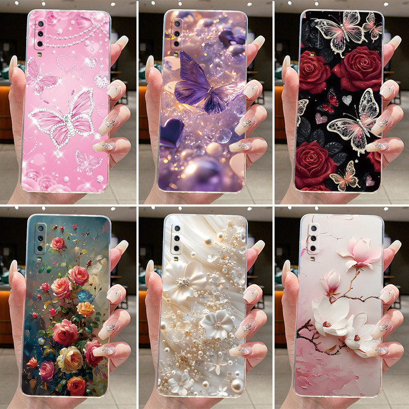Capa Para Samsung A7 2018 A70 Claro Luxo Moda Borboleta Flor Macio Silicone Geléia De Telefone Galaxy A70/Caso