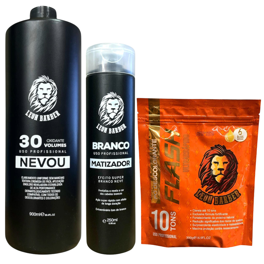 Kit Pó Descolorante Flash Ametista 300g + Matizador Branco 250ml + Água Oxigenada 900ml (30 Vol) – Leon Barber