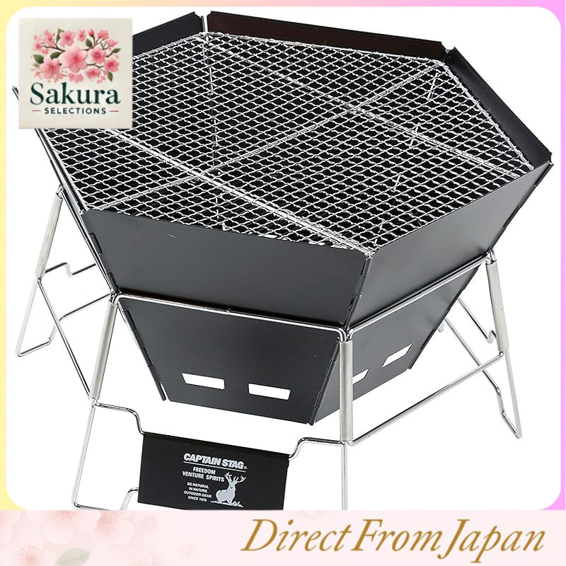 Captain Stag 3-in-1 BBQ Grill, Fire Pit, and Dutch Oven with Hexagonal Stainless Steel Fire Grill and Carry Bag