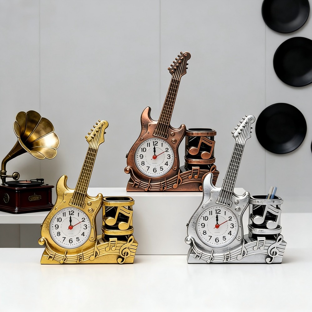 Relógio de Mesa Retrô Telefone/Guitarra/Carro | Detalhes Sofisticados | Cores Prateado & Dourado