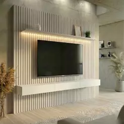 Painel Ripado com Rack Suspenso até 70 Polegadas Tulum com LED 1 PT 2 GV Off White Alt 218 Larg 222 cm
