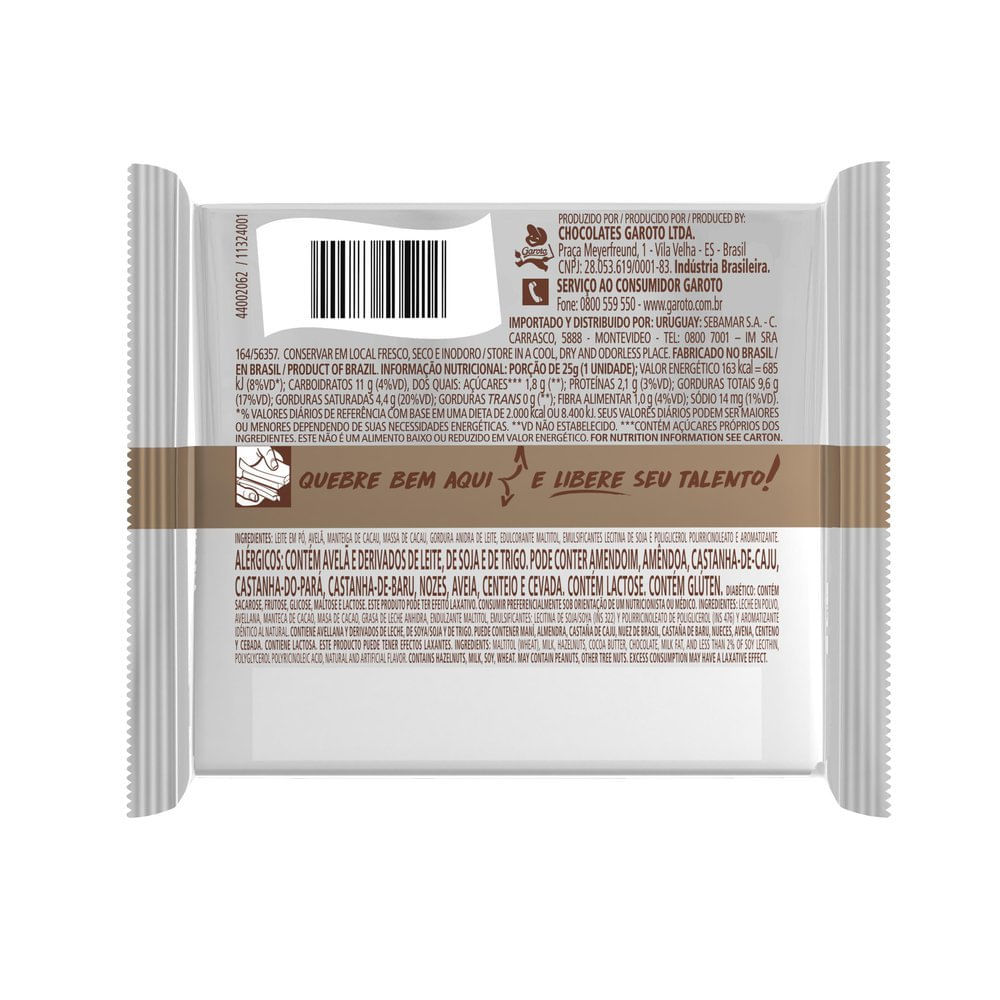 Detalhes do Chocolate Garoto Talento Diet com Avelãs 25g