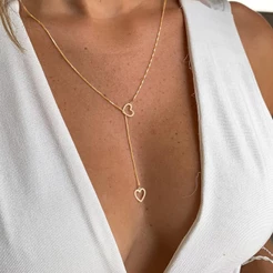 Colar Feminino Coração Dourado Gravata Longo Elegante Ajustável Presente Romântico