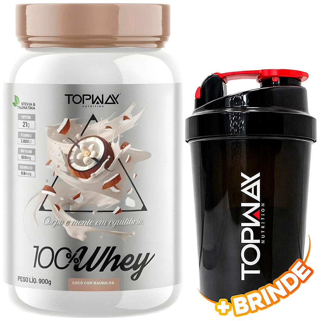 TopWay Suplemento Alimentar Whey Protein 100% 900g Coco com Baunilha Concentrado + Coqueteleira