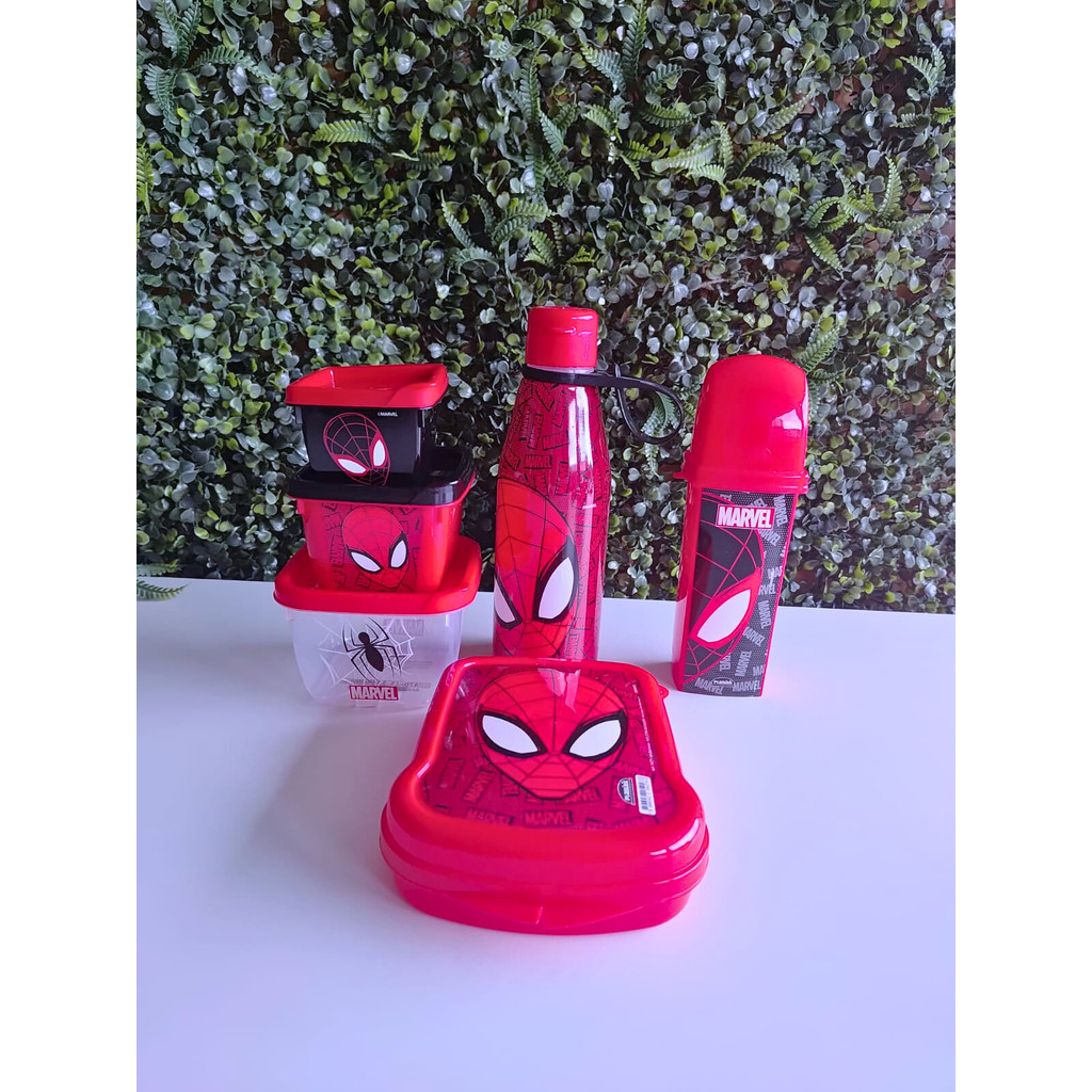 Kit Homem Aranha (4 itens), sanduicheira, trio potes, porta escova de dentes e garrafa para agua