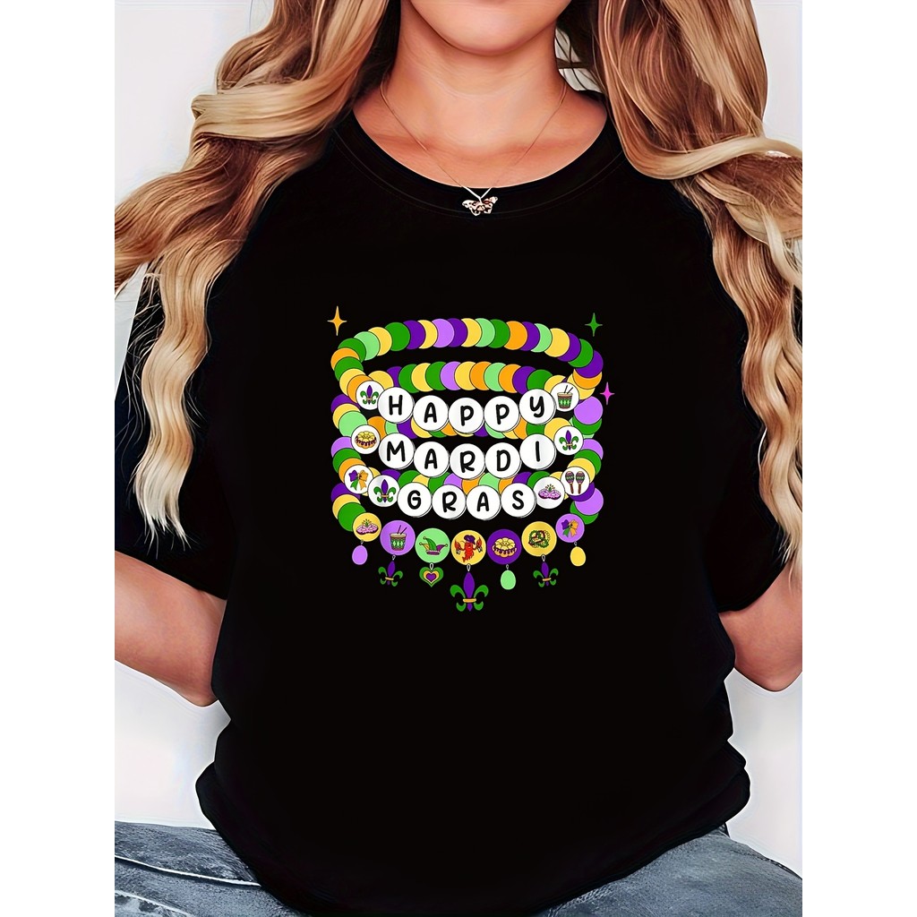 Camiseta Carnaval Pulseira Amizade Contas Print Preto Redondo Confortável Divertida Estilosa Verão