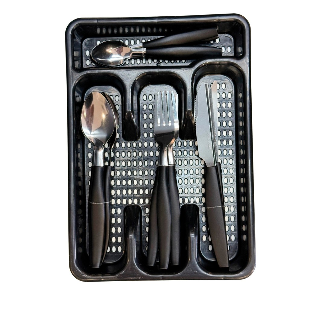 Faqueiro 17 Pecas Inox Cabo PP Preto com Suporte Gaveta