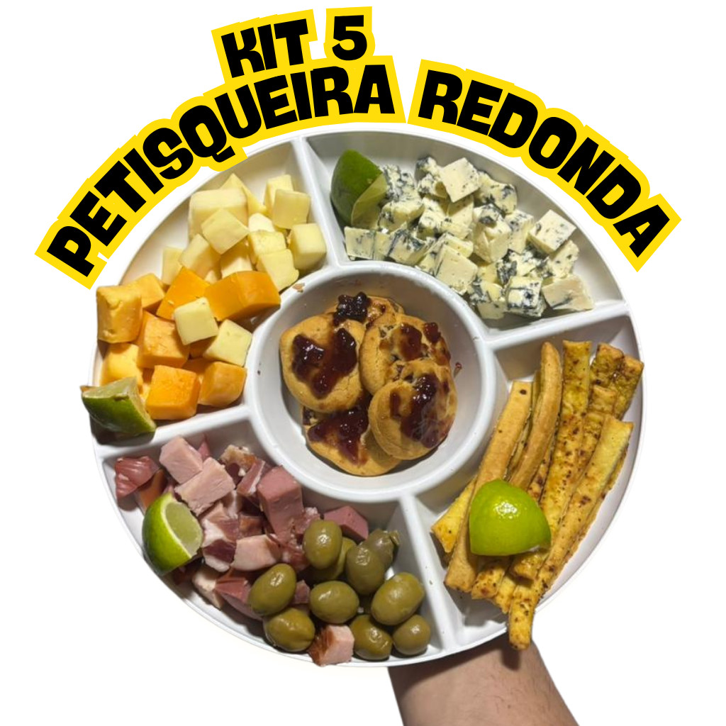 KIT 5 Petisqueira 25 cm Petiscos Prato Redondo Petisqueira 5 Divisórias Queijos Amendoim Fondue