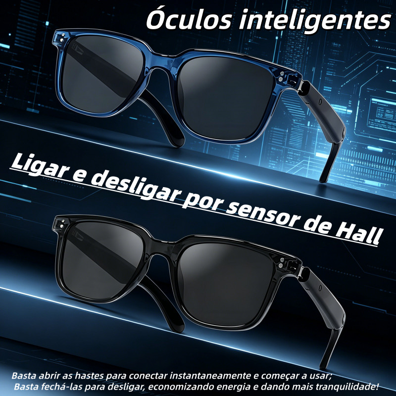 Óculos Inteligente Bluetooth 5.4 Interruptor Hall, Chamadas e Tradução, Uso Casual Corporativo para Viagens e Saídas