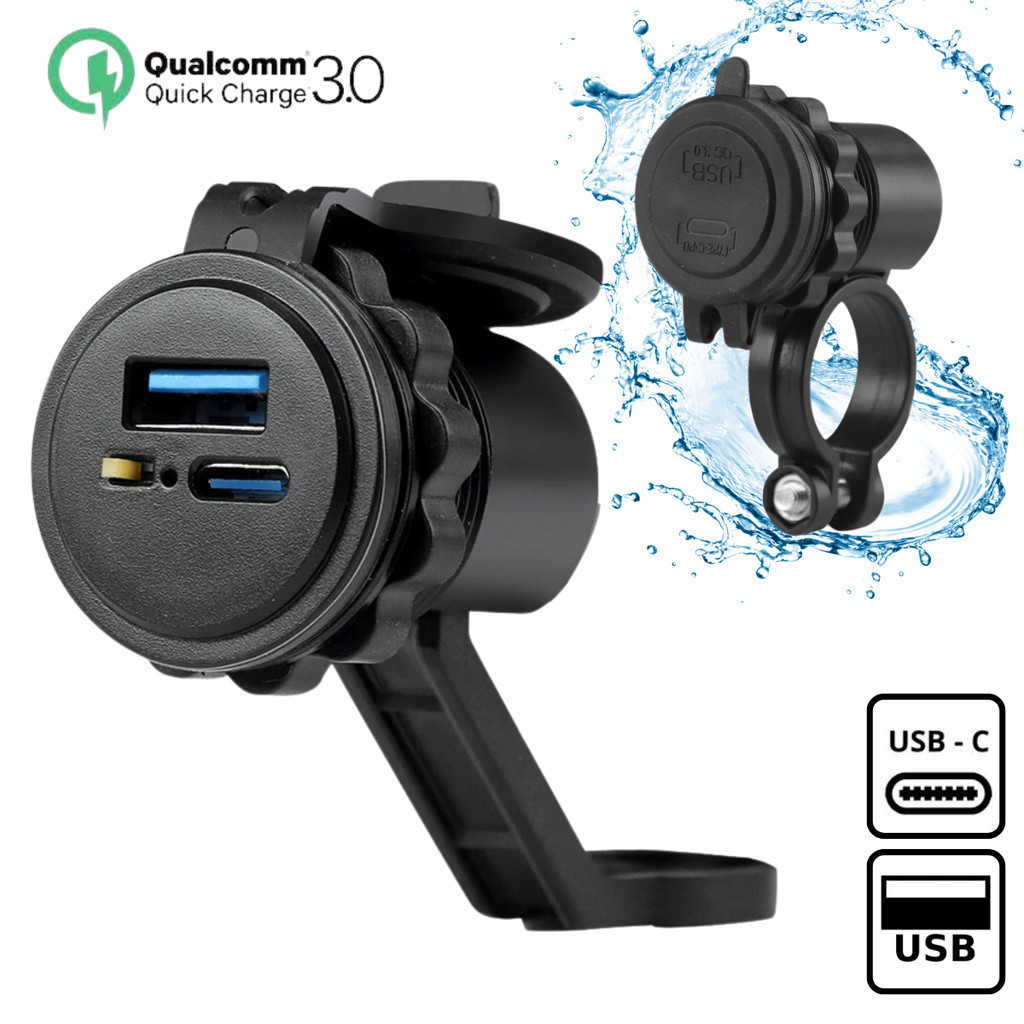 Carregador para Moto Carga Rápida 3.1A com Interruptor Impermeável/Porta USB e Type-C p/Motocicleta