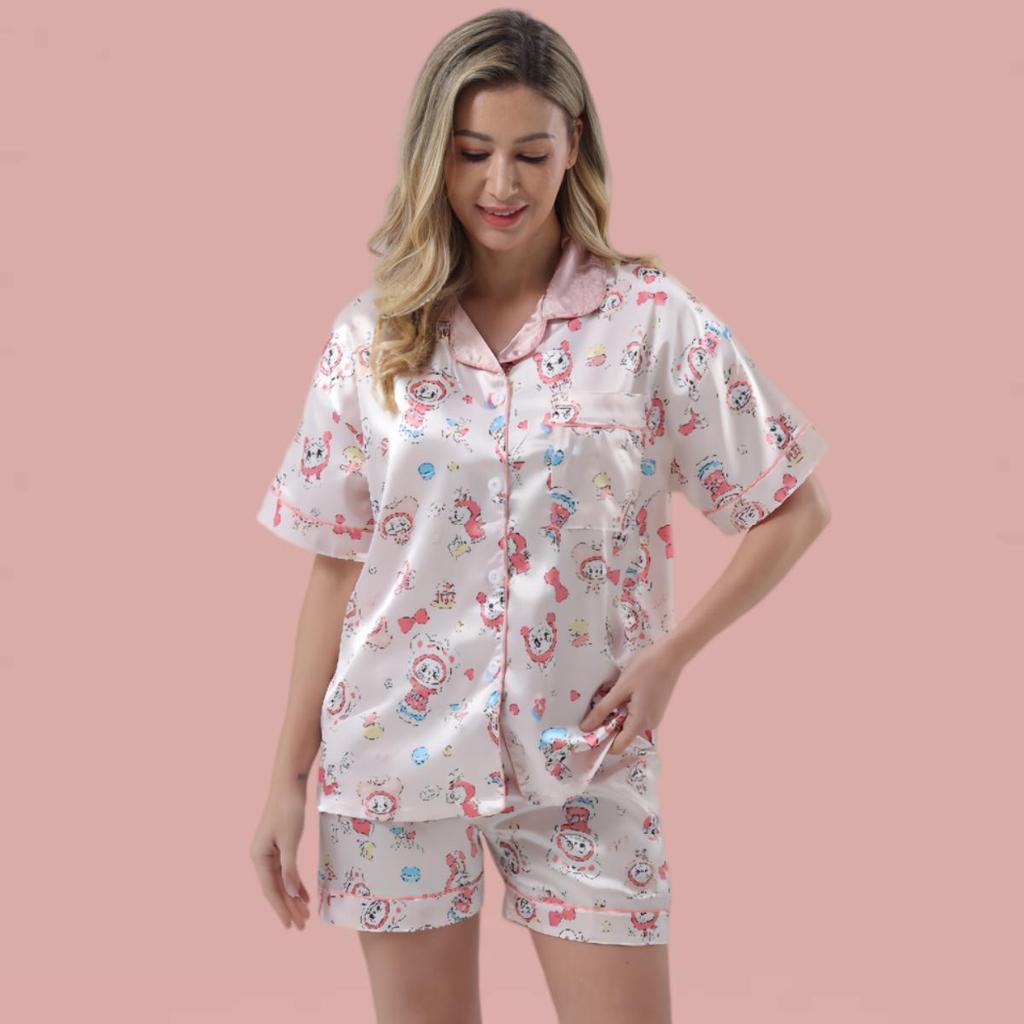 Z&D Lingerie Pijama Feminino Americano Acetinado Com Botões Estampa Labubu Cute - Manga Curta e Short SY53