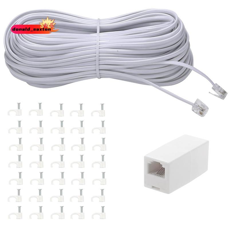 [Rápido D] Cabo De Extensão De Linha De Fio De Telefone 100 Pés Com Acopladores E 35 Suportes De Clipe De Para