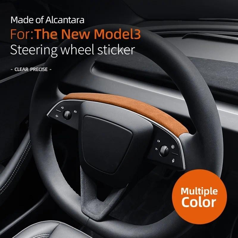 Para Novo Tesla Model3 Highland 2024 Volante Guarnição Remendo Alcântara Camurça Painel Decoração Tira Adesivo Acessório