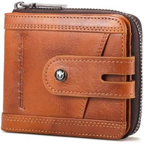 Carteira Masculina de Couro Genuíno BULLCAPTAIN com Zíper, Estilo Vintage, Bloqueio RFID, Grande Capacidade, com 14 Comp