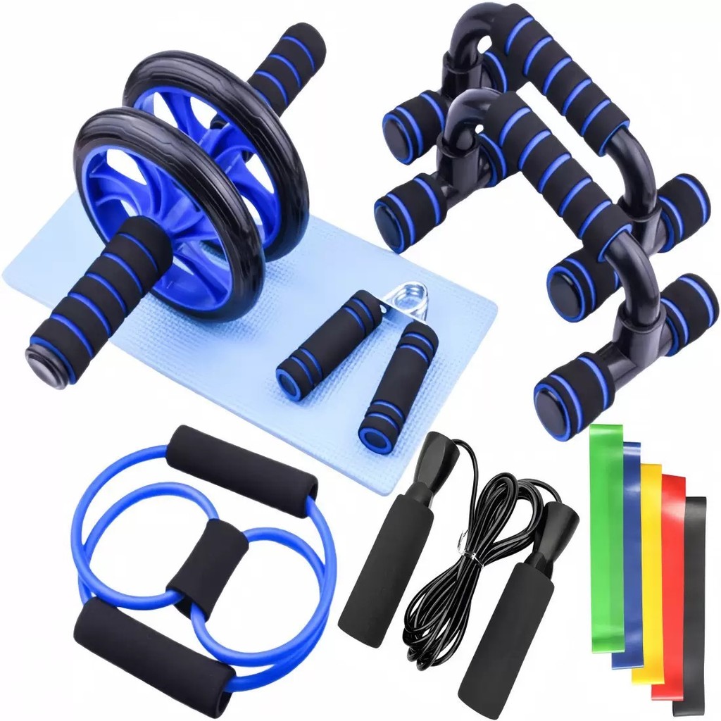 Kit Fitness 6 em 1 Roda Abdominal Flexão Corda Elástico Hand Grip Tapete Treino em Casa