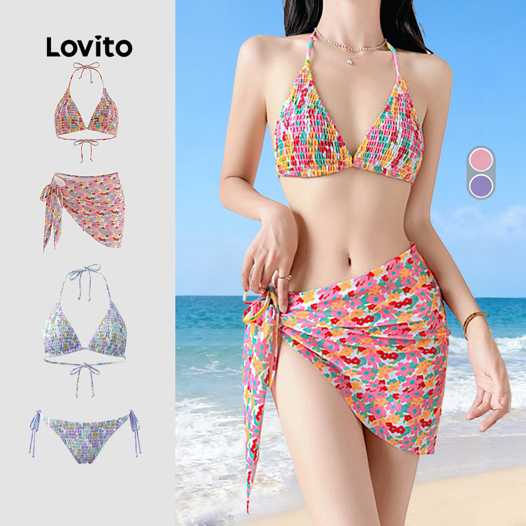 Lovito Férias Conjuntos de Biquíni com 3 Padrões Plissados Azul Primavera/verão