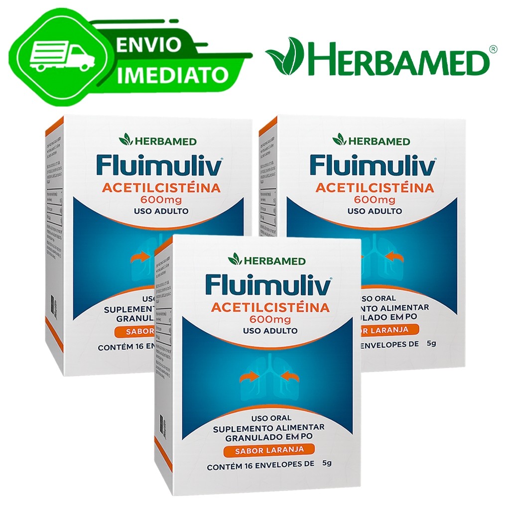 Kit C/3 Acetilcisteína Em Pó 600Mg Fluimuliv Herbamed 16X5G Sabor Laranja Envio Imediato