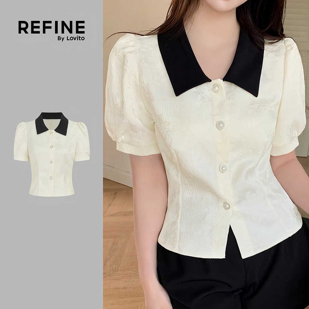 (Refine by Lovito) Elegante Blusa Feminina Jacquard Colorida Botão Primavera/verão branca LR35A112