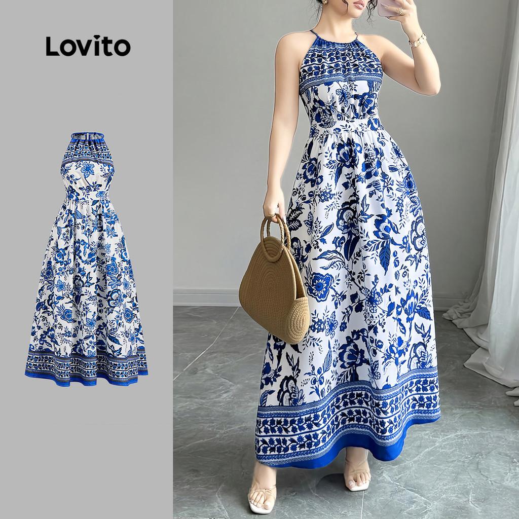 Lovito Férias Vestido com Amarração Nas Costas para Primavera/verão Azul e Branc