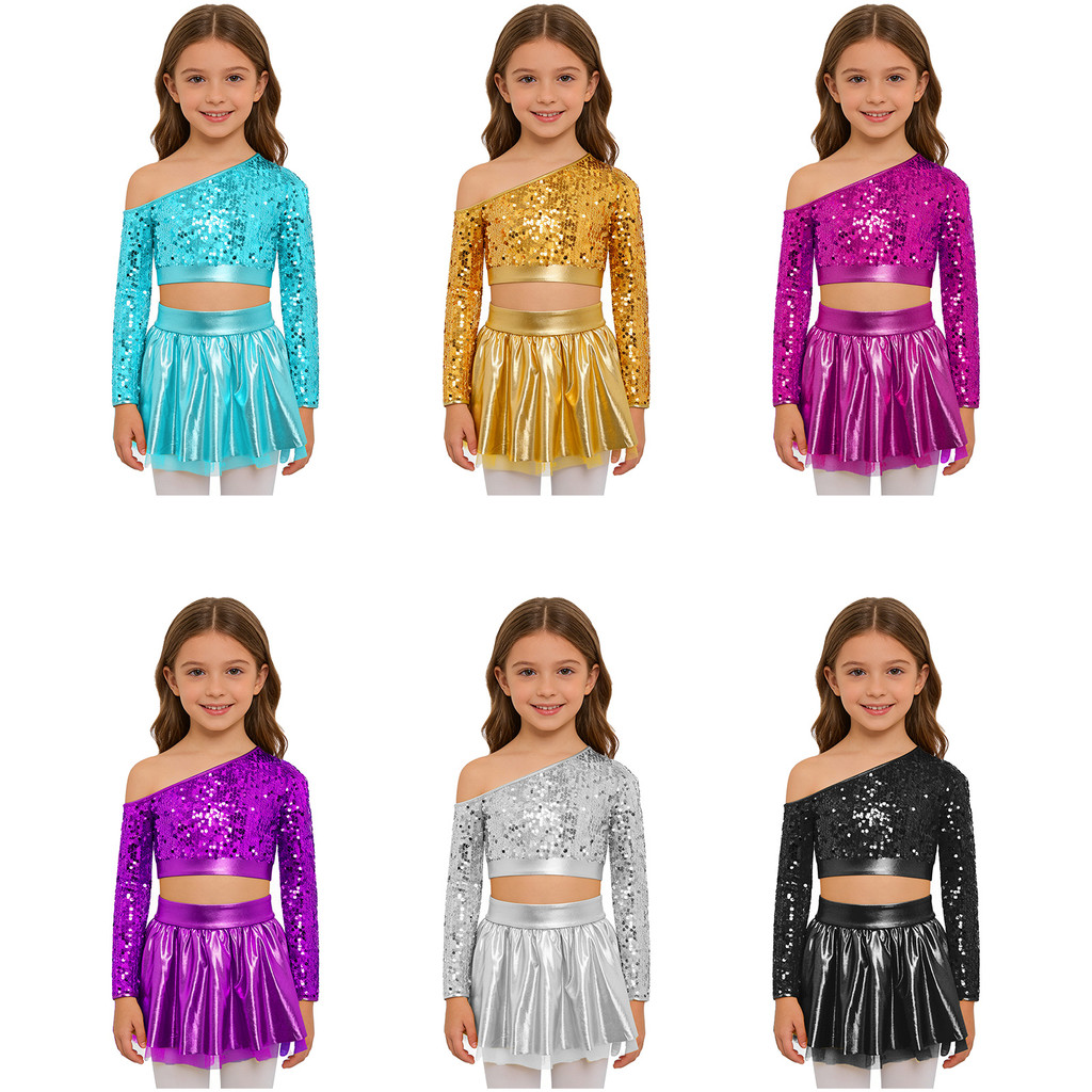 Yeahdor Crianças Meninas Jazz Dança Traje Um Ombro Manga Longa Lantejoulas Topo Com Cintura Elástica Saia Tutu Metálica