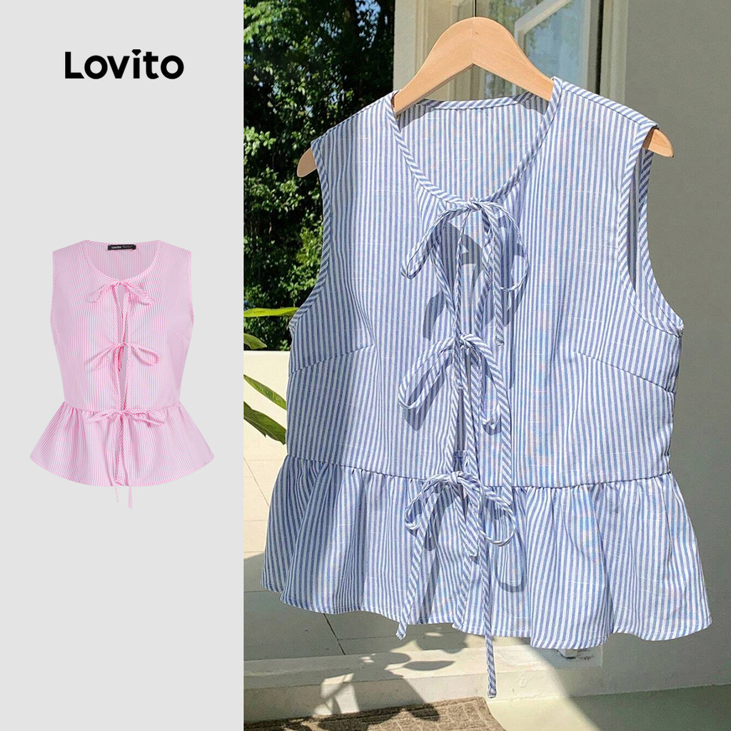 Lovito Regata Casual Listrada Com Amarração Frontal Primavera/verão Com Babados Para Mulhe...