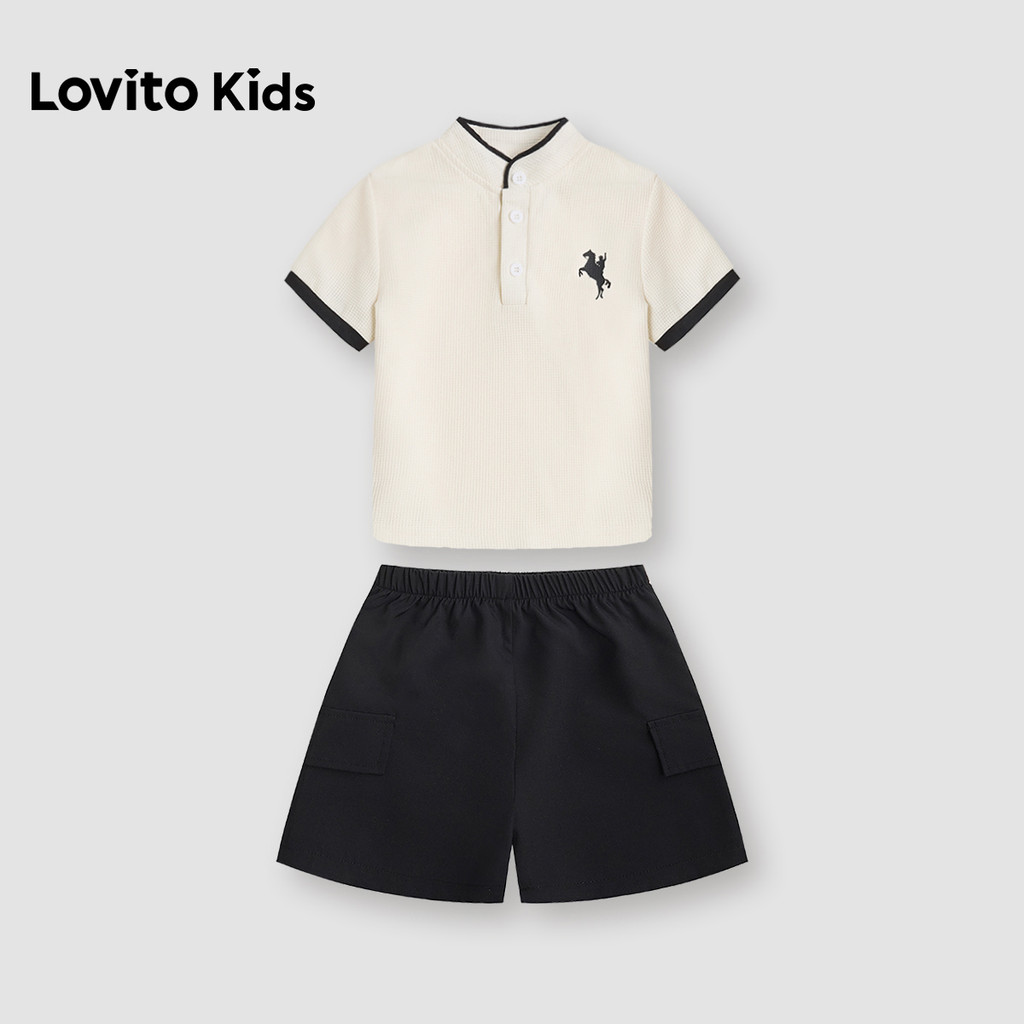 Lovito Kids Casual Conjuntos de Shorts com Botões Jaquard Primavera/verão Preto e Branco para Meninos L180LD241 · foto 2