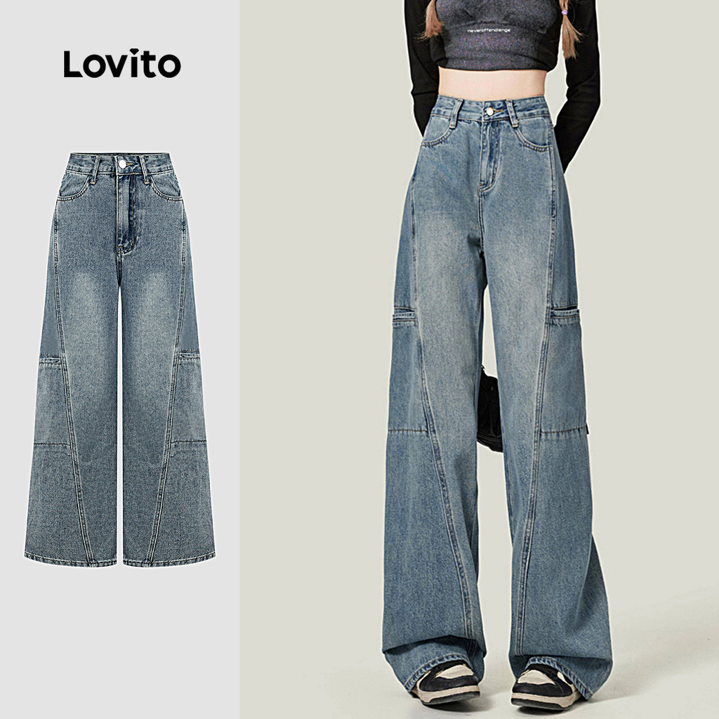 Lovito Jeans Casuais com Zíper No Bolso Diário Escritório Férias para Mulheres Simples Preppy Jeans Azul L179AD185