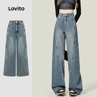 Lovito Jeans Casuais com Zíper No Bolso Diário Escritório Férias para Mulheres Simples Preppy Jeans Azul L179AD185