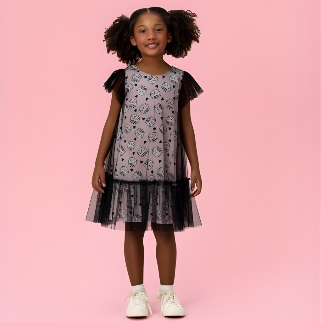 Vestido Infantil Mon Sucré com Estampa e Tule Preto nas Mangas e Barra