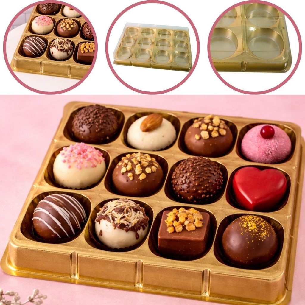 10 CAIXA EMBALAGEM P/ 12 DOCES E BOMBONS DOURADO BWB 14270