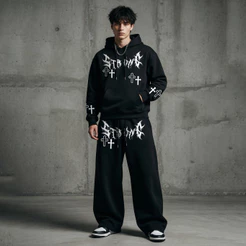 Conjunto Masculino Moletom Canguru e Calça Wide Leg Com Estampa de Cruz e Escritas Streetwear