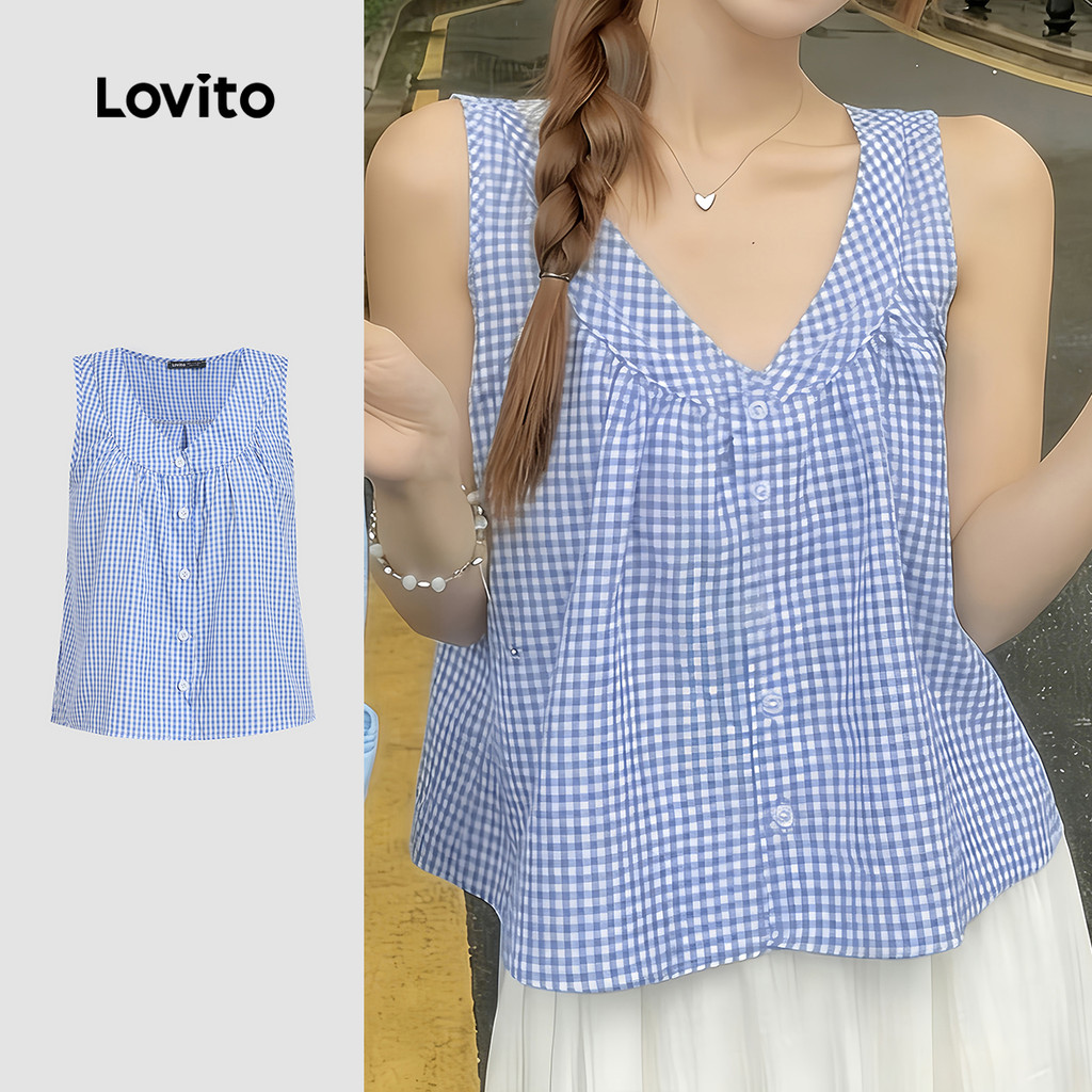 Lovito Casual Blusa Azul com Botões de Padrão Primavera/verão para Mulheres L190