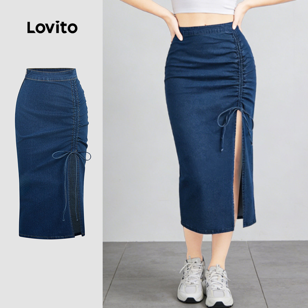 Lovito Saias Jeans Casuais Franzidas Lavadas Azul Escuro Saias Jeans de Primavera/verão para Mulheres L189AD019