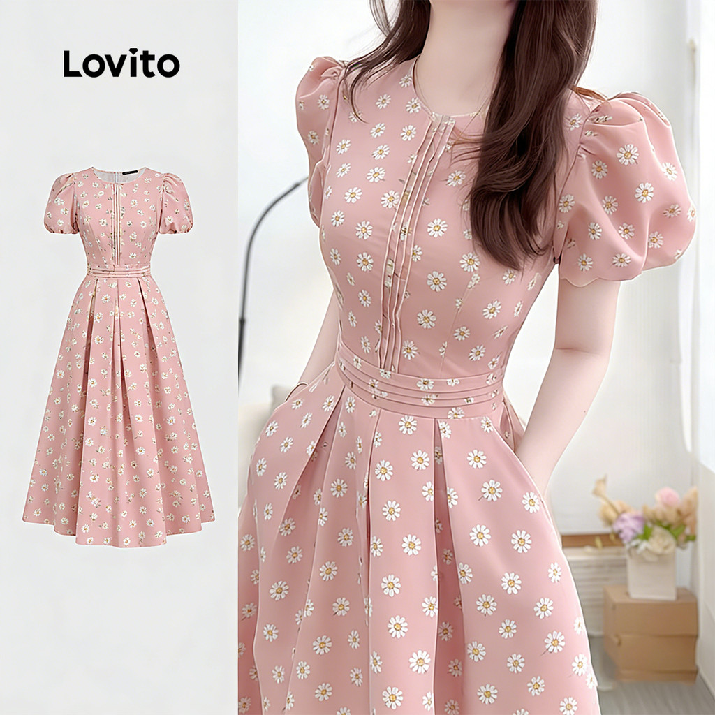 Lovito Floral Vestido Boho com Zíper Primavera/verão Rosa para Mulheres L189ED016
