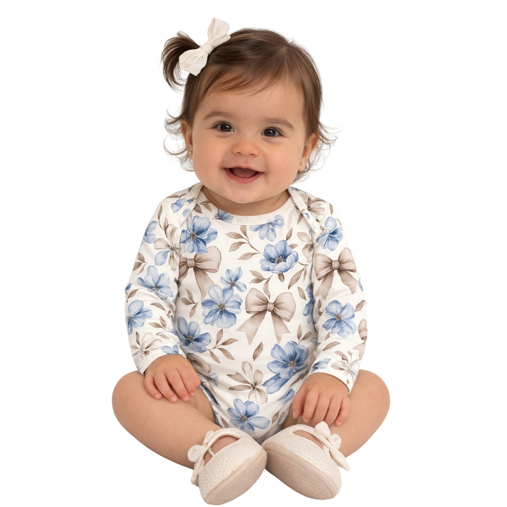 Body Bebê Milon Menina Inverno Floral Off Manga Longa