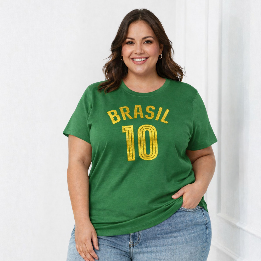 camiseta Brasil Plus Size Camiseta Feminina Estampada Copa do Mundo Moda Verão Premiun Casual 100% Algodão