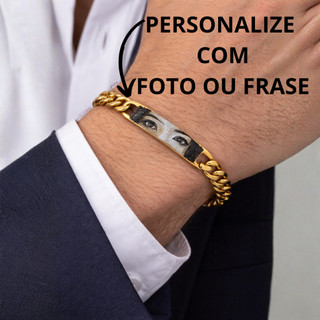 Pulseira Masculina Personalizada Aço Inox com Placa | Gravação a Laser Foto Frase Presente Cor Dourado e Prata