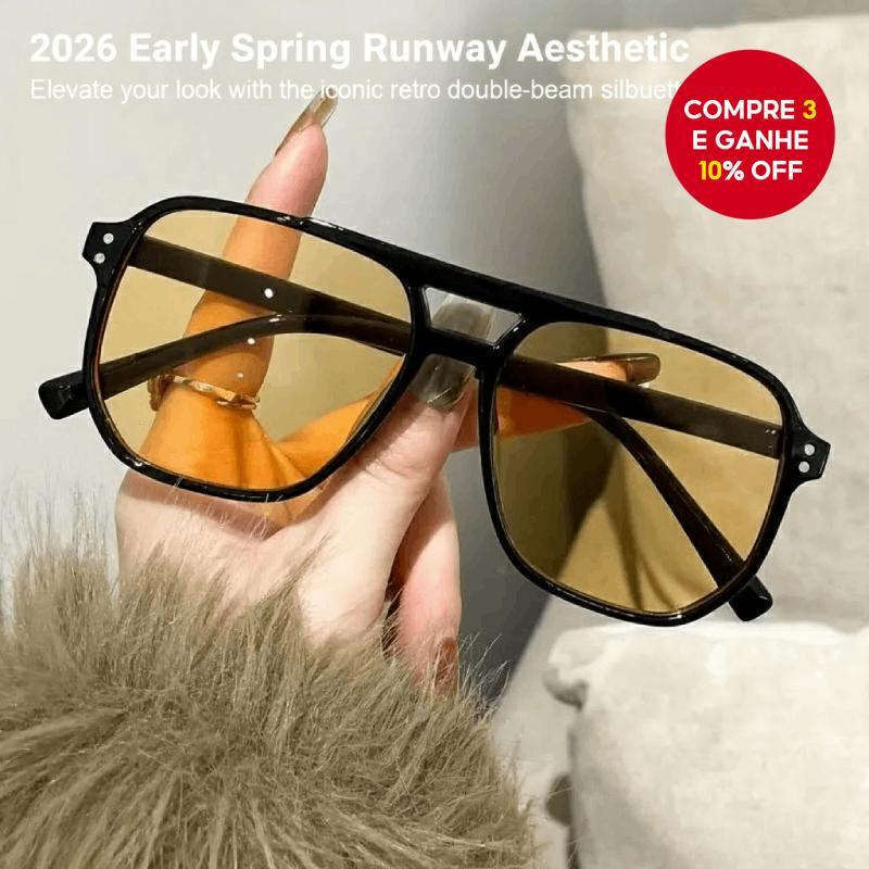 Óculos De Sol Retrô De Feixe Duplo , Armação Grande , Proteção UV , Lentes Oceânicas Em Chá Preto/Amarelo Para O Inverno