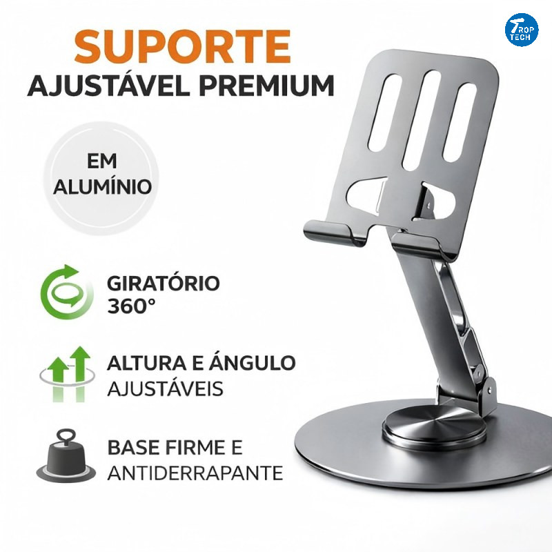 Suporte Alumínio de Mesa Base Rotatória Ajustável 360º Para Smartphones e Tablets Universal Ergonômico Premium