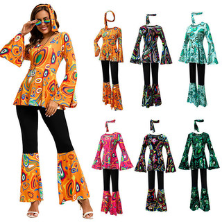 Fantasia Feminina Retrô Anos 70 Hippie Disco com Blusa de Manga Larga e Calça Flare, Conjunto para Festa de Halloween SI
